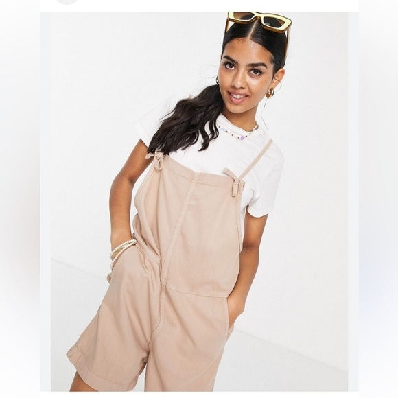 Monki Nobu Cotton Dungaree Romper In Beige - Picture 1 of 14